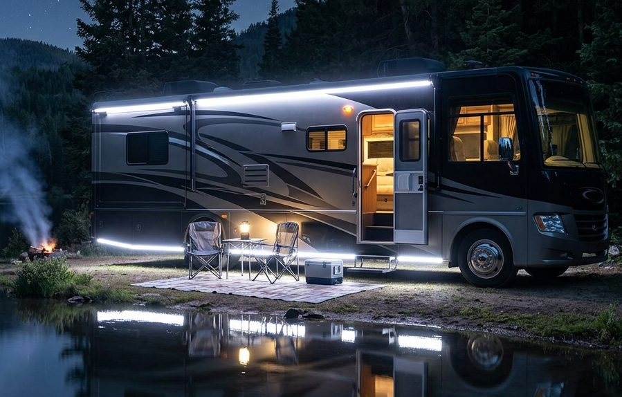 RV with solar lighting and LED strip accents parked by a lake at dusk.
